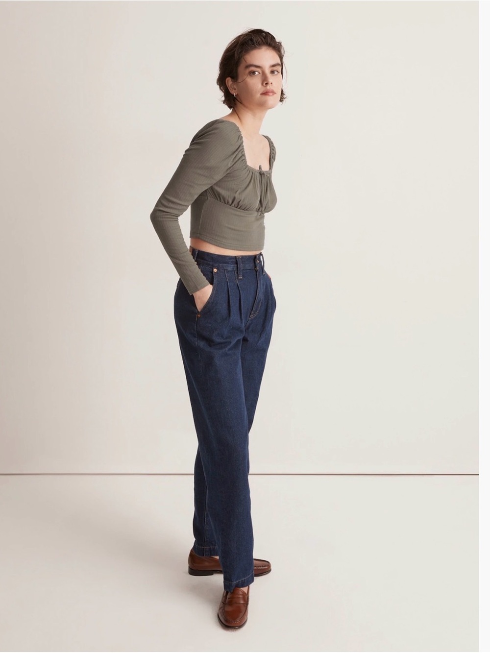 Ribbed Square-Neck Long-Sleeve Top